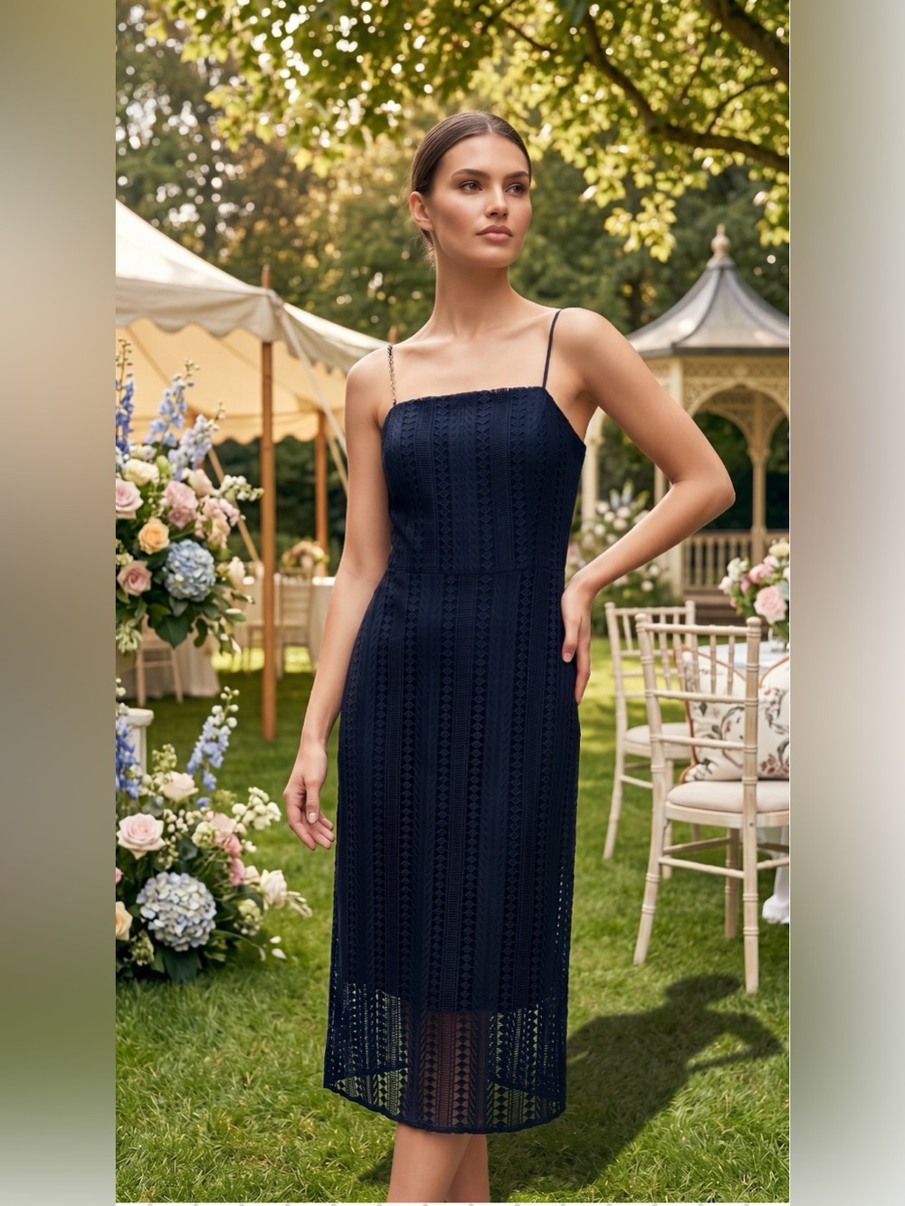 M&S Autograph Lace Square Neck Midaxi Waisted Dress Dark Navy Size US 6